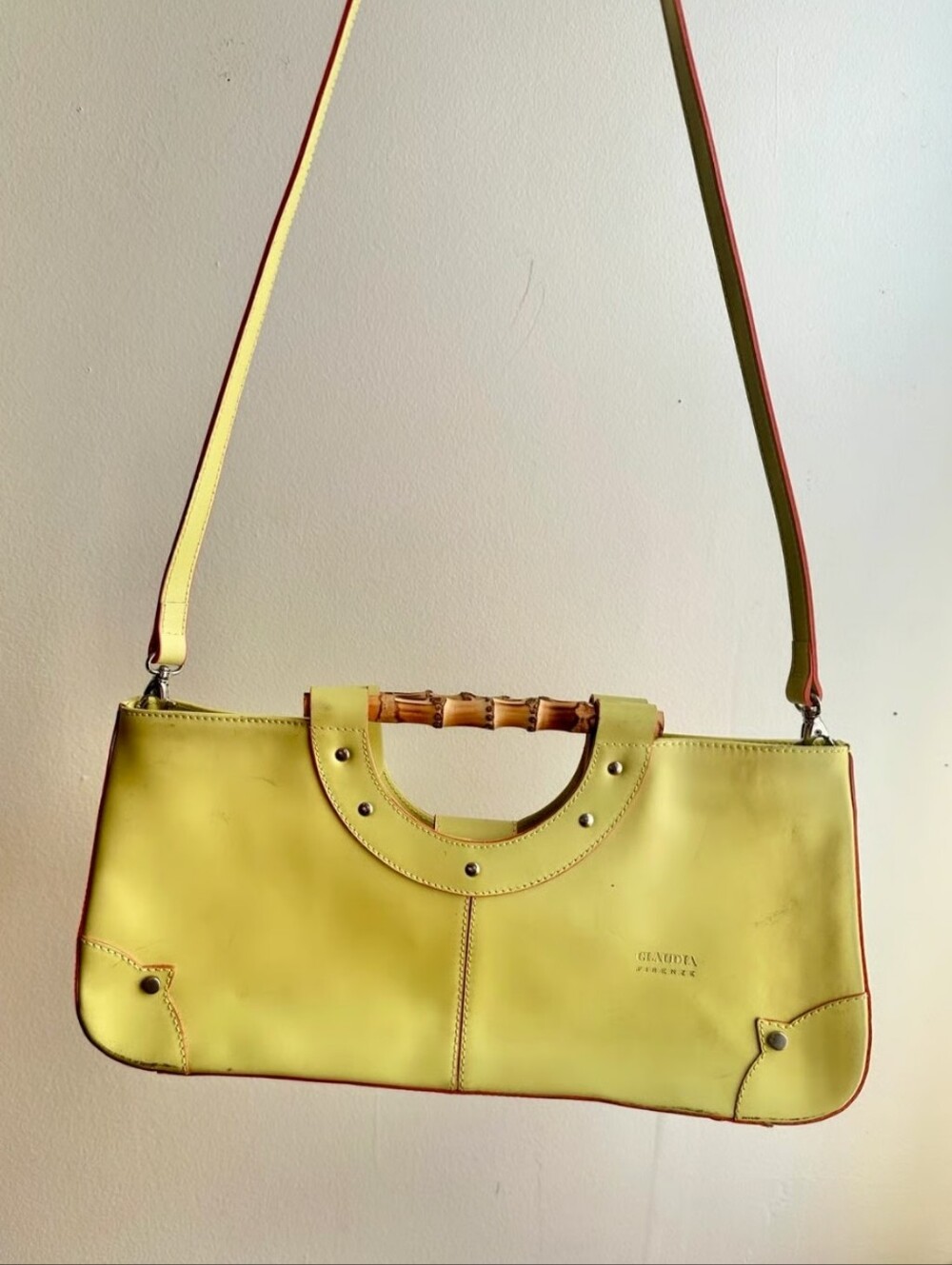 Claudia Firenze Yellow Bamboo-Handle Shoulder Bag Made In Italy Leather Euc